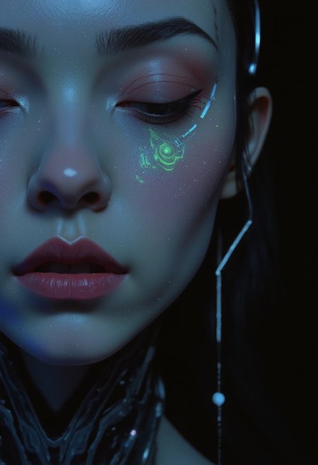 An unearthly and hyper-detailed closeup of a cybernetic being’s face in the style of ck-ncr,  Her features are a flawless fusion of synthetic flesh and intricate machinery, glowing faintly in a gradient of blue and gray. Her expression is serene, almost divine, with eyes half-closed as if in meditation. The details of her face reveal microfilaments of light coursing beneath translucent synthetic skin, seamlessly integrated with polished metallic components.
Delicate cables extend from the edges of her face, disappearing into the dark, misty background. Faint reflections of cascading streams of shimmering code play across her features, as if she is the nexus of a vast digital consciousness. A soft, radiant glow emanates from the center of her forehead, symbolizing transcendence and enlightenment.
The atmosphere around her is veiled in shadow, dense with static haze and punctuated by the faint outlines of decaying technology, evoking a sense of humanity’s forgotten past. The lighting is cinematic, with soft, volumetric beams highlighting her ethereal presence, creating an intense and unsettling mood of otherworldly beauty and profound transformation., transmitting streams of data that cascade like waterfalls of shimmering code. Above, her face is serene, almost otherworldly, with eyes closed as if in quiet meditation,body flows into a large, curved, rainbow-hued arc that stretches across the image, blending into the background., radiating a sense of liberation.