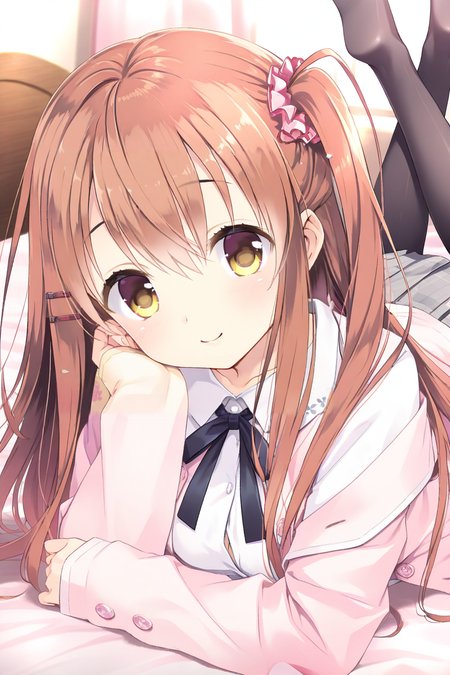 masterpiece,best quality,amazing quality,highres,scenery,newest,1girl,official style,sena, brown hair, hair ornament, long hair, hairclip, yellow eyes, bangs, one side up, hair between eyes,sena school2, pantyhose, skirt, pleated skirt, plaid skirt, plaid, black pantyhose, shirt, school uniform, grey skirt, open clothes, scrunchie, long sleeves, white shirt, sleeves past wrists, cardigan, hair scrunchie, ribbon, neck ribbon, pink jacket, buttons, dress shirt, <lora:kaokake-sena1-V4-000022:1>,bedroom,bed,looking at viewer,the pose,soles,no toes,smile,on stomach,