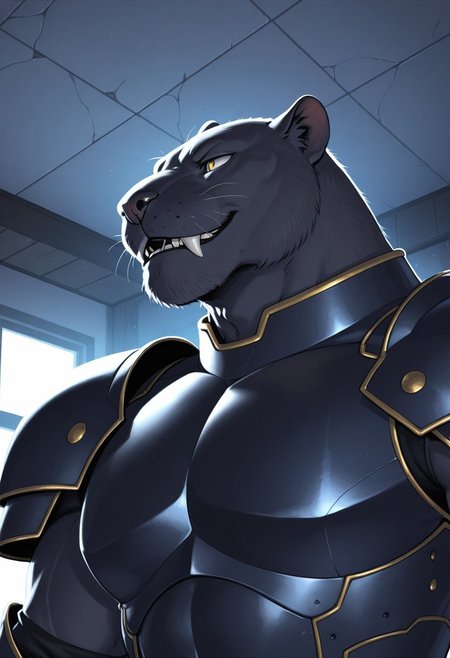 masterpiece,best quality,amazing quality, (male, antro: 1.4), 
BREAK 
( muscle, tall, barazoku, bara, facial hair, old, mature (smile, Sharp fangs, close up, high, angle ) :1.1)), (1boy, solo,(male only) anthro, ) 
BREAK 
(male: panther, black panther )), armor, full armor
BREAK 
indoors,