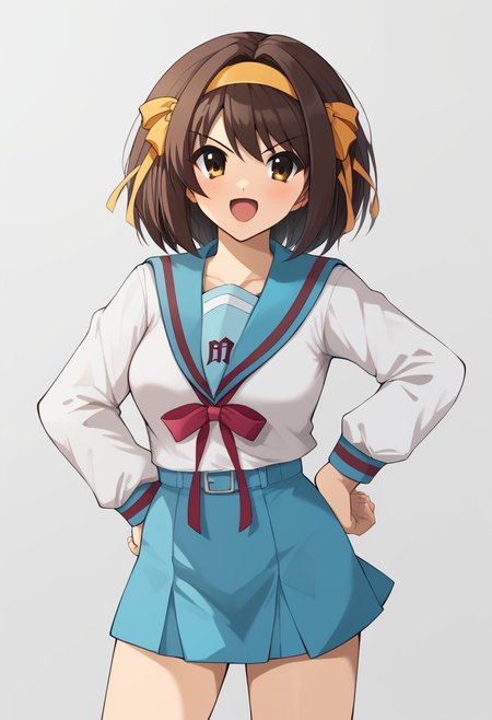 score_9,score_8_up,score_7_up,<lora:suzumiya_haruhi_pony:1>,winter_uniform,red_ribbon,commentary_request,blue_skirt,hair_ribbon,highres,yellow_ribbon,blush,:d,cowboy_shot,suzumiya_haruhi,yellow_hairband,blue_sailor_collar,kita_high_school_uniform,standing,looking_at_viewer,solo,long_sleeves,yellow_background,open_mouth,breasts,arm_up,simple_background,hand_on_own_hip,1girl,bob_cut,serafuku,