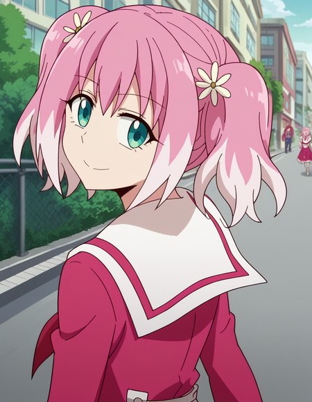 score_9, score_8_up, score_7_up, source_anime, <lora:nana-hiiragi-s1-ponyxl-lora-nochekaiser:1>, nana hiiragi, aqua eyes, twintails, pink hair, flower, white hair, multicolored hair, hair flower, two-tone hair, anime screencap, dress, school uniform, sailor dress, red neckerchief, white sailor collar,, sidewalk, pedestrians, city, street, walking, smile, <lora:shaft-look-ponyxl-lora-nochekaiser:1>, shaft look, looking back, from behind, head tilt,, looking at viewer, solo,, dutch angle, cowboy shot