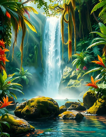 A stunning and tranquil view of a jungle waterfall cascading down smooth, moss-covered rocks into a crystal-clear pool below. The scene is surrounded by dense, lush greenery, with towering tropical trees and vibrant, oversized ferns creating a natural canopy that filters sunlight into dappled patterns on the forest floor. Brightly colored flowers in shades of red, orange, and purple add splashes of color among the greenery, while vines and roots wind their way around the rocks and trees. Mist rises from the base of the waterfall, catching the sunlight and creating a soft, ethereal glow, with a faint rainbow visible in the spray. Exotic birds with iridescent feathers can be seen perched on branches, and the faint sound of distant animal calls adds to the sense of a thriving, untouched paradise. The overall atmosphere is serene, magical, and vibrant, capturing the untamed beauty of nature.<lora:SDXLFaeTastic2400:0.4> <lora:extremely_detailed:0.4> extremely detailed, <lora:Jungle_w4t3rf4ll:1>,Jungle w4t3rf4ll, Masterpiece,best quality,hi res,8k,hi res,8k,award winning,(sharp focus, intricate, highly detailed),