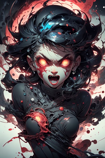glowing eyes, glow, rage transformation, (red eyes:1.2), (rage:1.2), psycho, (madness:1.2), (angry:1.4), wide-open eyes, (blood:1.2), bloody face, open mouth, shout, (raging:1.2), 
masterpiece, abstract, fade out, dream, cosmic, 
<lora:more_details:0.4>
 <lora:Cosmic anime-oil fusion v2:0.45> 
<lora:AnimeVibesV3:0.3> animevibes, 
<lora:3DMM_V11:0.5> 3DMM 
<lora:midjourney_20230624181825:0.45> midjourney ,
 <lora:LAS:0.2> cloud,colorful,
<lora:msw_locon-t2:0.6>
 <lora:wuxia2:0.5> gu,
 <lora:CelestialSkin2:0.6> dark celestialskin body, void cosmic body,, shiny, shiny hair, shiny skin, shiny clothes