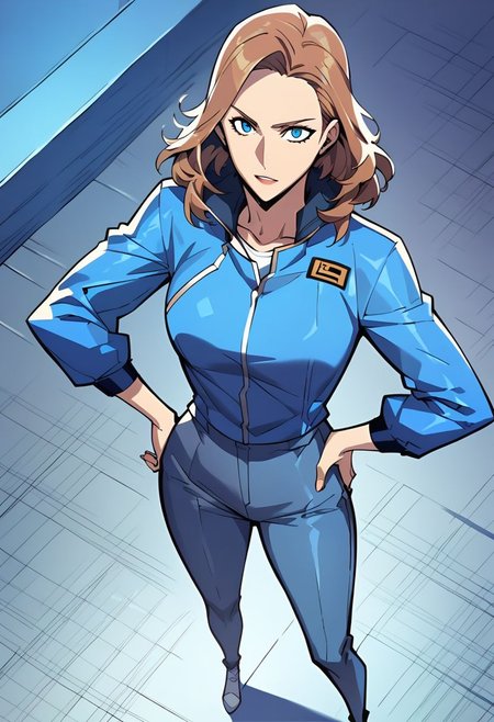 score_9,score_8_up,score_7_up,score_6_up, easynegative, Magnus_PS, 1girl, female focus, brown hair, facial hair, hand on hip, pants, blue jacket, standing, large breast, long sleeves, from above, epiCPhoto