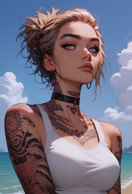 Score_9, Score8_up, Score_7_up, (((High Resolution, Best Quality))), 
1girl, solo, Covered in Tattoos, her hand on her head, brushing hair behind ear, 
Tanktop, cutoff, choker, 
On a Cliff overlooking a beach, Cloudy Sky,
