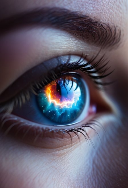 closeup on a female eye. space nebula reflected in eye.