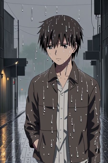 high resolution, solo, best quality, 1Boy, Takaki Toono, Brownish Hair, Brown Eyes, heavy rain, night, looking down, sad, leather jacket, looking away, wet, wet hair, OverallDetail