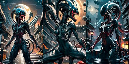 (otherworldly), highly insanely detailed, masterpiece, top quality, best quality, highres, 4k, 8k, RAW photo, (very aesthetic, beautiful and aesthetic), 
__lazy-wildcards/cosplay-char/alien-predator/xenomorph/prompts__, 
<lora:FemXeno:0.7>, 
(1girl:1.3), eyes focus, 
__lazy-wildcards/dataset/background__,âââ