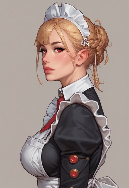 from front, (((side view))), 1girl, illustration, comic style, looking at viewer, highly detailed,
RosieTJ, 1girl, robot girl, metal body, red eyes, red buttons, wheels, white maid cap, white collar, white cuffs, white hip apron, black skirt, female
((full-clothed)), 
BREAK 
dynamic pose <lora:Cherry-Gig:0.55> ((((full-clothed)))), 
BREAK
((rest room background))) score_9, score_8_up, score_7_up, score_6_up, source_cartoon, rating_explicit, Expressiveh, (((((upper body))))), dynamic pose