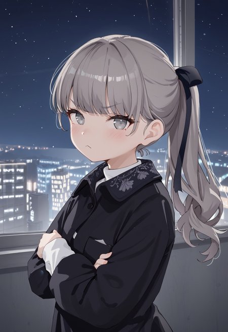 LapwingVRC, bangs, long hair, ponytail, white shirt, long sleeves, grey hair, black jacket, grey eyes, hair ribbon, black dress, collared shirt,

looking at viewer, from side, crossed arms, pout, v-shaped eyebrows, blush,

window, cityscape, neon lights, billboard, dark, night, night sky, 

1girl, solo, solo focus, highres, absurdres, light particles, backlighting, shade, lens flare, shiny skin, fine fabric emphasis,