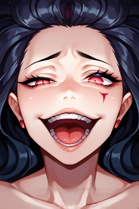 zPDXL,  <lora:Concept_Gesugao:1>, 1girl, gesugao, parted lips, evil smile,face focus, open mouth, half closed eye
