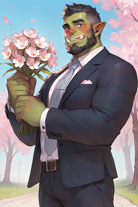 masterpiece, best quality, highres, newest, 1boy, solo, male focus, mature male, orc, green skin, tusks, short hair, black hair, facial hair, beard, muscular, looking at viewer, cowboy shot, formal, black suit, suit, white shirt, collared shirt, grey necktie, long sleeves, smile, blush, holding flower, holding bouquet, standing, outdoors, sky, blue sky, tree, cherry blossoms <lora:OIS - s5 [LoRA] - NoobAI-XL EPS 1.0:1>