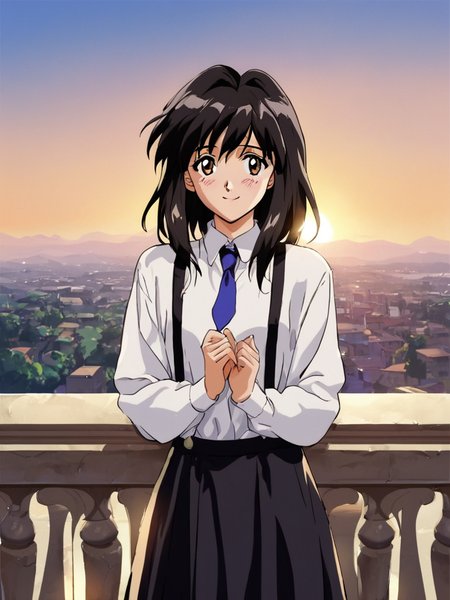 score_9, score_8_up, score_7_up, score_6_up, masterpiece, perfect face, perfect hands, high quality, source_cartoon, (1girl, solo,) balcony, sunset,  <lora:Melfina_-_Outlaw_Star:1> melfina, black hair, brown eyes, medium hair, retro artstyle, 1990s (style), white long sleeve shirt, necktie, black skirt, suspenders, shy smile