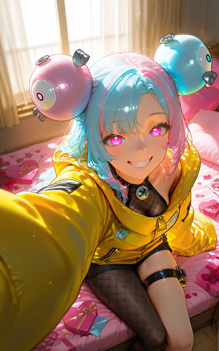 HDR, 8K, Ultra HD Wallpaper, 2.5D, high contrast, masterpiece, best quality, amazing quality, very aesthetic, ultra-detailed, absurdres, newest, scenery, BREAK, stunning stylized portrait, (from above, taking selfie, medium-shot, focus on character:1.4), fisheye lens effect, <lora:IonoPokemonIXL:0.8>, zzIono, 1girl, solo, gorgeous face, perfect figure, fair porcelain skin, flawless complexion, long hair, blue hair, pink hair, light blue hair, multicolored hair, ((bow-shaped hair)), long lashes, pink eyes, (cutely sitting in a cozy pastel-colored bedroom filled with plushies, pillows, and cute decorations, playful pose, wide smile, sharp teeth, joyful excited expression:1.5), (bright morning ambiance, sunlight streaming through windows, airy and refreshing atmosphere:1.3), (soft breeze moving curtains slightly:1.2), (surrounded by numerous Valentineâs chocolates, heart-shaped boxes, gift bags, rose bouquets, scattered love letters:1.5), (yellow jacket, sleeves past fingers, single leg pantyhose, thigh strap:1.4), (gift wrapping paper and cards scattered around:1.3), intense color contrast, intricate details, soft and bright lighting, chiaroscuro lighting, sharp focus, cinematic framing, romantic ambiance, highly rendered, photorealistic, bokeh light effects, volumetric lighting, dappled light, light particles, depth of field, intricate textures, cinematic color grading, vibrant colors, ethereal beauty, IBG, <lora:0d28507d-6abc-443d-9c00-5f399ab8c7eb.TA_trained:1>, <lora:add-detail-xl:1.5>, <lora:More_interesting_backgrounds:1>.