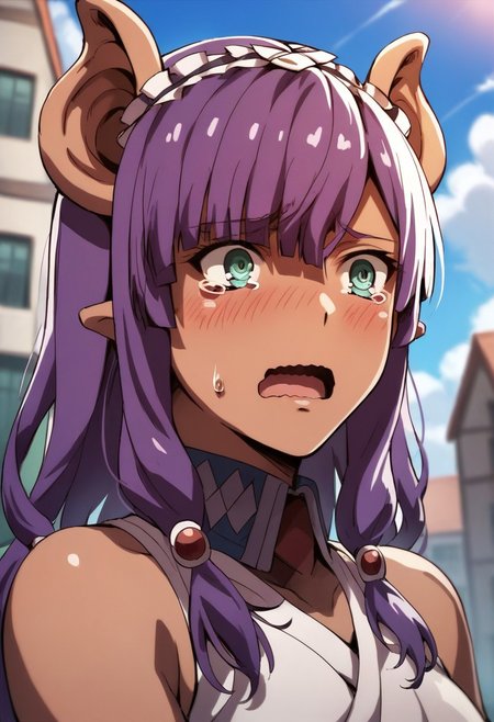 score_9,score_8_up,score_7_up,source_anime, Piglette Pancetta,1girl,solo,blush,open mouth,bangs,bare shoulders,upper body,outdoors,sky,sleeveless,day,cloud,tears,blue sky,parody,wavy mouth