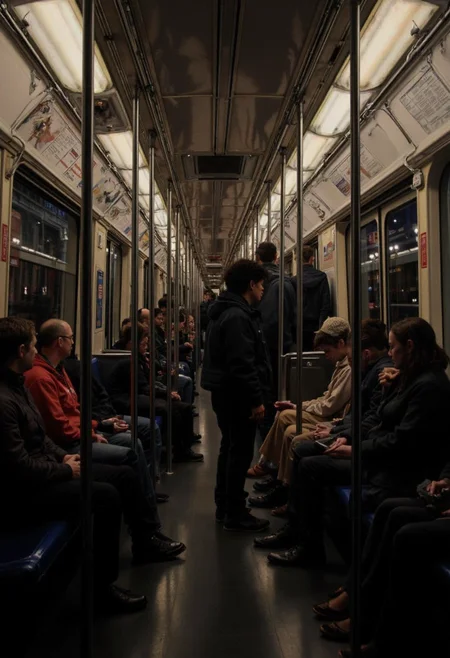 photorealistic painting of the inside of a subway car, with people standing and sitting looking tired, at night, lit by lamps in the ceiling, detailed clothes and skin <lora:hyperrealism-000103:1>