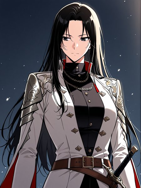 <lora:Omniscient_Readers_Viewpoint__Jung_Heewon:1>
1 girl, solo, black hair, long hair, black eyes, straight hair, loose hair, 
white coat, red inner lining, black shirt, black pants, brown belt, sword sheath, 
score_9, score_8_up, score_7_up, score_6_up, source_anime, rating_explicit, masterpiece, best quality, intricate details, gothic fantasy, upper body portrait, dramatic pose, confident gaze, cinematic lighting, clean background, glowing magical particles, detailed face, vibrant colors