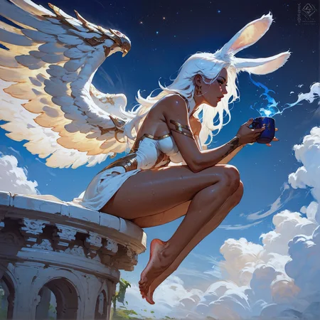 score_9, score_8_up, score_7_up,  rating_questionable, 20yo girl, 1girl, viera, solo, tall, angel wings, white dress, red trim, a woman with white hair, Brom, beautifully backlit, fantasy art, dark skin, long hair, rabbit ears, white hair, space traveler, galactic, otherworldly, ethereal, atmospheric, galaxy, sweat, full body, romantic, sitting, drinking coffee, feet, toes, side view, view from below, head turned away  <lora:pony/twilight_style:0.8> <lora:pony/expressiveh:0.8> expressiveh