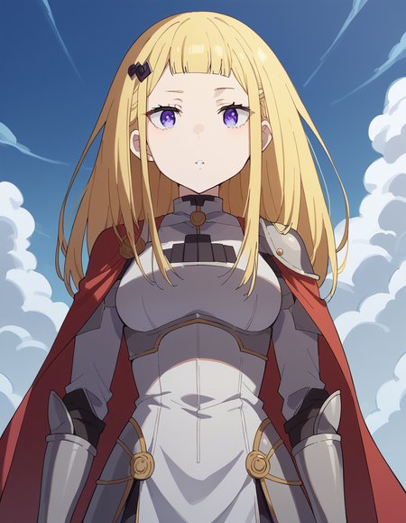 score_9, score_8_up, score_7_up, source_anime, <lora:rezero-sylphy-s3-p1-ponyxl-lora-nochekaiser:1>, sylphy, long hair, bangs, purple eyes, blonde hair, hair ornament, blunt bangs, medium breasts,, <lora:knight-ponyxl-lora-nochekaiser:1>, knight, armor, cape, sword, weapon, holding weapon, shoulder armor, gauntlets, helmet, pauldrons, red cape,, blue sky, clouds, from below, parted lips, looking at viewer, , dutch angle, cowboy shot