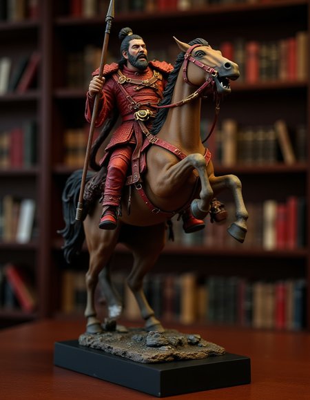 A highly detailed, professionally captured RAW image of a Chinese warrior from the Romance of the Three Kingdoms, charging into the enemy camp on horseback and roaring. The base is rectangular. The figure holds the reins of the horse in his left hand and  spear in his right. He is wearing red armor, with sharp eyes and a beard. The horse is baring its teeth and has its eyes wide open, giving it a realistic sense of movement that makes it seem as if it could move at any moment. The armor is also highly detailed. The horse's neighing is full of dynamism, as if the warrior's roar could be heard at any moment. The statue is placed on a library table. The library's bookshelves can be seen in the background. <lora:FLUX.1d_-_Miniatures:1> <lora:Flux.1_Turbo_Detailer:1>,polearm(1.3),polesword(1.3),