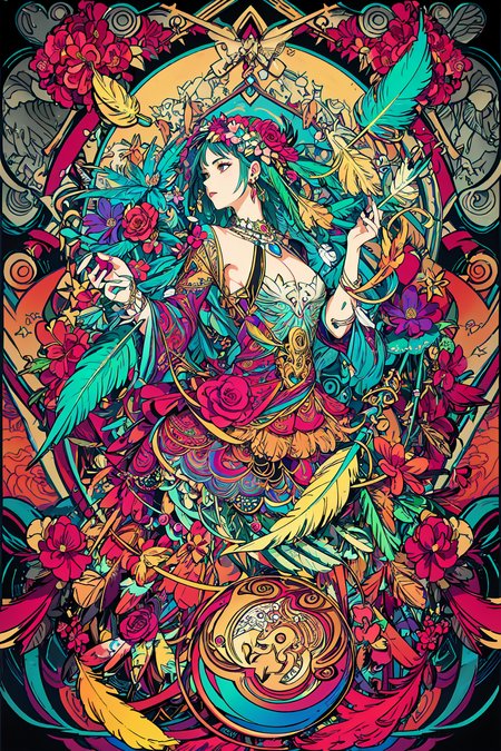 (masterpiece, top quality, best quality, official art, beautiful and aesthetic:1.2), (1girl:1.3), extremely detailed,(fractal art:1.1),(colorful:1.1)(flowers:1.3),highest detailed,(zentangle:1.2), (dynamic pose), (abstract background:1.3), (shiny skin), (many colors:1.4), ,(earrings), (feathers:1.5),<lora:animeTarotCardArtStyleLora_v31:0.8>
