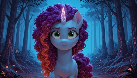 resolution, masterpiece, high resolution, (SOLO: 1.2) my little pony, friendship is magic, wild, detailed background, night
forest city, detailed lighting, detailed background,  Misty Brightdawn  , unicorn, pony, freckles, blue body, green eyes, curly hair rebirth look, gradient hair, purple and orange (hair,curly hair, curly hair slicked back:1.3)    <lora:Misty_Brightdawn323:0.7>