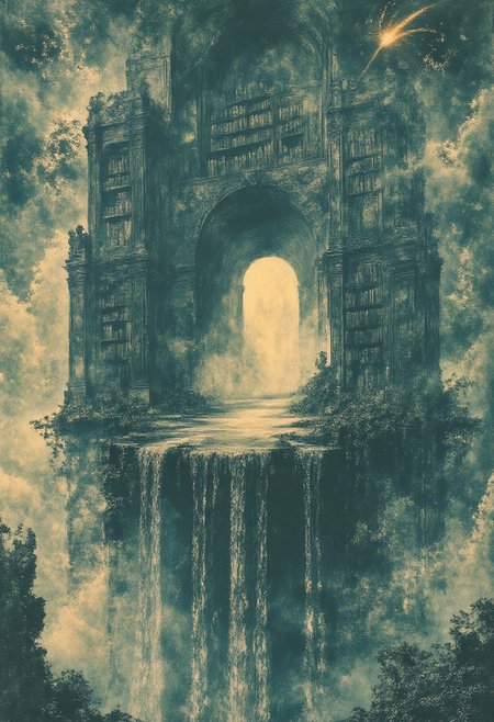 A surreal, dreamlike library floating above the clouds, where ancient oak bookshelves stretch endlessly into the sky. Each shelf is anchored by glowing chains that emerge from the mist below, their links covered in moss and pulsing with faint, magical energy. At the base of the largest bookshelf, an elliptical portal is embedded into the wood, glowing softly. Instead of water, a cascade of glowing, liquid knowledge flows from it, forming a waterfall of shimmering light that disperses into mist, creating a rainbow of colors under the sunlight. The bookshelves are made of weathered rock, their surfaces rugged and covered in intricate carvings. The books themselves are alive, their pages fluttering like leaves in the wind, revealing glimpses of fantastical worlds. Above, the sky is a brilliant blue, dotted with puffy white clouds, while the horizon is streaked with the fiery trail of a dark, blazing comet. The scene is a blend of surreal fantasy and intellectual wonder, where the boundaries between reality and imagination blur. The viewer is drawn into this world of knowledge and magic, where the ethereal and the majestic coexist in perfect harmony.