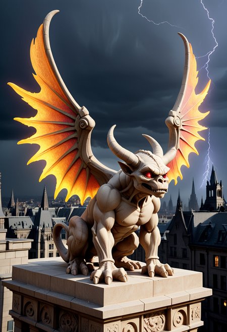 (medium full shot) of (eerie sandstone beige chiseled stone gargoyle) with quadrupedal body, flame-tipped wings, rainbow eyes, long horns, runic engravings armored plates, set in  a grand city rooftop, with majestic spires, glimmering lights, a sense of wonder , during a storm, ,Masterpiece,best quality, raw photo, realistic, very aesthetic