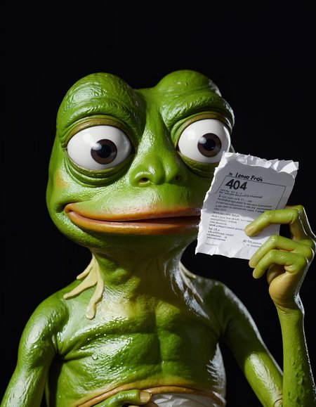 Pepe the Frog holding a crumpled piece of paper in front of him. On the paper, there's a 404 error message that reads "Error 404: No Lewds Found". The expression on Pepe's face is one of disappointment and frustration. His eyes are half-closed, and he seems to be sighing heavily. His posture is slouched, and he appears to be leaning against something invisible for support. The background is dark and gloomy, adding to the somber mood of the image. ., <lora:add-detail-xl:3>,