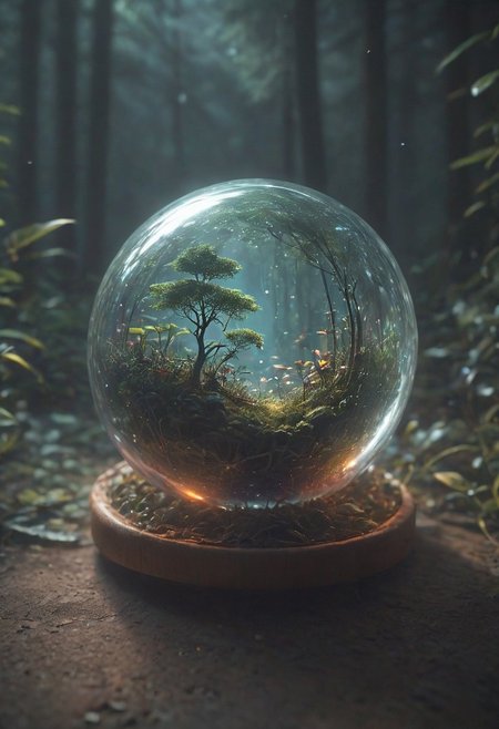 photography,(vibrant colors:0.8),
a fantastic landscape at night covered in magical plantlife, everthing contained in a glass sphere sitting on a desk, desk, 
(quantum waveform:0.7)