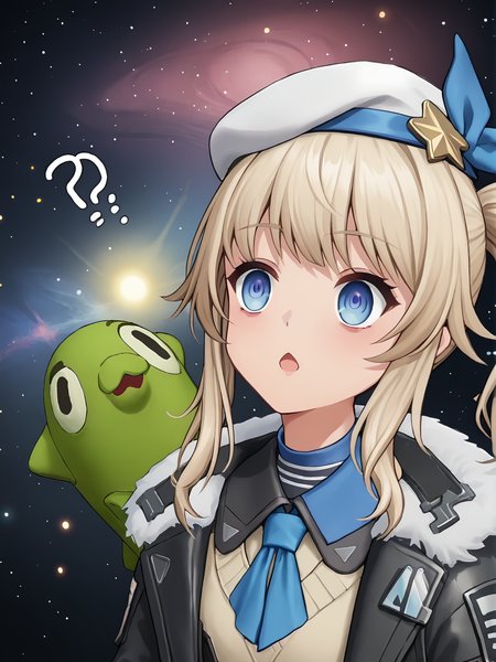 score_7_up, score_6_up, score_5_up, source_anime,
<lora:vepley.pony.v2:0.9>, vepley, aaa, side ponytail, beret, white beret, black jacket, blue ribbon, hair ribbon, open jacket, blue eyes, (empty eyes:1.4), question mark,
<lora:space-cat-ponyxl-lora-nochekaiser:1>, space cat, space cat \(meme\), galaxy, meme, space, galaxy background, universe, nebula, star \(sky\), blank stare, (looking up:1.2), open mouth,