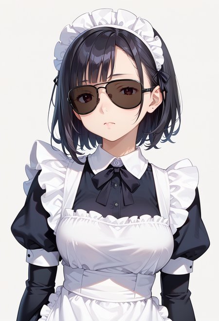 score_9, score_8_up, score_7_up, rating_safe, masterpiece, best quality, absurdres, unity 8k wallpaper, official art, official style, source_anime, uncensored, game cg, megami magazine,
1girl, solo, black hair, medium hair, upper body, maid, maid headdress, black dress, maid apron,
sg-AVIATOR, sunglasses, dark-tinted eyewear, covered eyes, white background, simple background, black-framed eyewear
 <lora:glasses_aviator_PONY_V2:1>