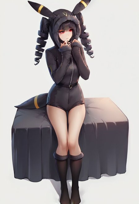 score_9, score_8_up, score_7_up, score_6_up, score_5_up, score_4_up, 1girl,  celestia ludenberg, long hair, bangs, black hair, red eyes, long sleeves, twintails, drill hair, twin drills, curvy, source_anime, ears, hood up, onesie, tail, knee high socks,  umbr30n, <lora:umbr30nXLP:0.6> full body, bedroom background, sitting on bed