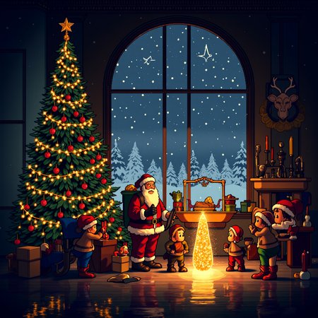pixel_art of Santa's magical workshop during Christmas eve, filled with intricate details and vibrant decorations. A majestic Christmas tree adorned with sparkling lights and ornaments stands to the left. Santa Claus, wearing his iconic red suit, is illuminated at the center of the scene, standing beside a reindeer-themed workbench with glowing tools. Elves are busy preparing toys and gifts on smaller tables, while a warm golden glow radiates from a mysterious artifact at the workshop's core. The background features large frosted windows showcasing a snowy winter landscape with softly falling snow. Magical particles and twinkling lights float in the air, enhancing the festive atmosphere. Warm shadows and cool blue tones balance the composition, emphasizing depth and contrast. The floor is detailed with subtle wooden textures, and the entire scene feels alive with holiday spirit and enchantment.
