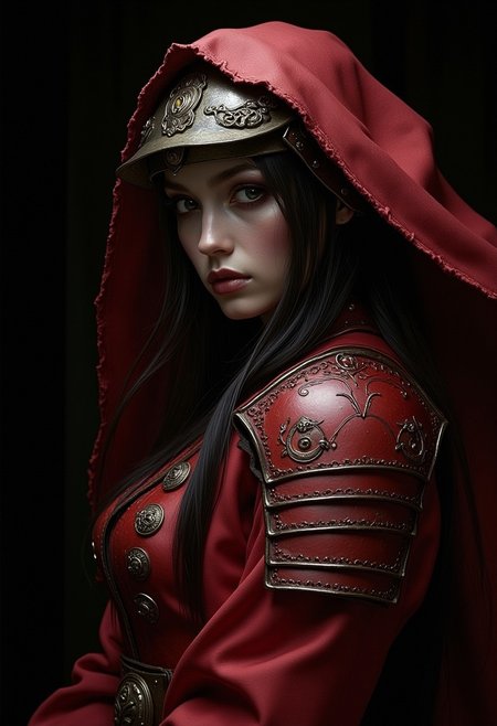 masterpiece, photo of a female samurai, traditional red leather armour, samurai helmet, erotic, sexy, HD32K, wallpaper, hyperdetailed, concept art, chiascuro, dark background, detailed eyes, ArsMJStyle, dnddarkestfantasy