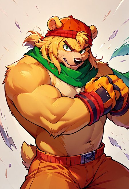 score_9, score_8, score_7, score_6, 1man, solo, furry, anthro, anthro bear, source_cartoon, Bark the bear, green scarf, orange beanie, furry male, simple background, gloves, upper body, fighting stance, portrait, looking at viewer,