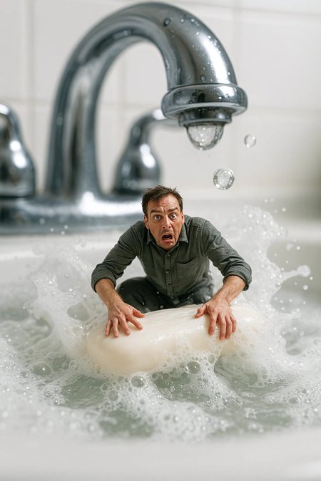 A hyper-realistic image with a miniature perspective: a tiny, stunned man balances precariously on a wet bar of soap floating in a sink full of suds. He looks panicked and confused, clutching the slippery surface as waves of foam rise around him. A massive faucet looms in the background, with water droplets the size of basketballs threatening to splash down. The lighting is bright and clinical, like a bathroom. Shallow depth of field enhances the dramatic scale difference. Comical and chaotic energy, with a slight tilt to the scene as the soap begins to rotate.