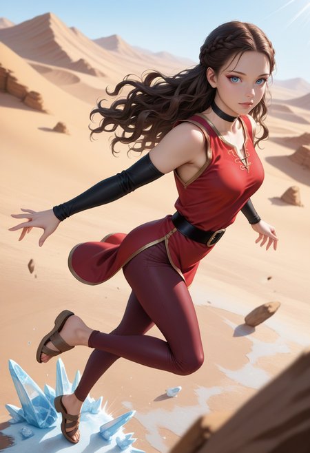 depth of field, focused subject, dynamic angle, dynamic pose, best quality, detailed eyes, perfect eyes, realistic eyes, dark brown hair, long hair, wavy hair, braided hair, hair loop, blue eyes), ((full lips)), makeup, slim body, slim legs, black belt, brown sandals, black choker, small ass, medium breast, realistic breast, (red sleeveless tunic), gold trim, fitted waist, (maroon leggings), BREAK, standing, hips slightly turned, side view, looking at viewer, movie perspective, (water transforming into ice), desert field, (frozen floor), abstract background, dynamic light,