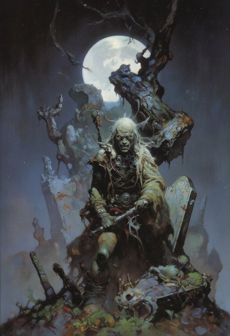Comic book style 8k high quality digital painting , masterpiece, very detailed, ultra realistic, (best quality) very detailed epic masterpiece, a zombie-like very old man is standing on a churchyard in front of a freshly opened grave, insane facial expression, stringy muddy long hair, pale face, sunken cheeks, opened mouth, lank body, ragged outfit, ragged coat, a shovel in his hand, cemetary with an opened grave, old neglected headstones, high grass, gnarled tree in the background, foggy, full moon, dramatic sky, very dark night, scary scene, action, scary, best quality, epic scene,  Dungeons and dragons atmosphere, heroic fantasy, fna_style, Comic book style