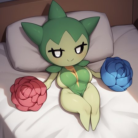 best quality, score_9, score_8_up, score_7_up, score_6_up, score_5_up, rating_sensitive,  source_furry, BREAK,
<lora:Roselia_Pokemon-000010:1>, 1girl, roselia, pokemon\(creature\), green skin, black eyes, white pupils, flower hands, head spikes, bottomless, smile, short stack, breasts, full body, leaf cloth, cleavage, lying, on bed, BREAK,
(bedroom)