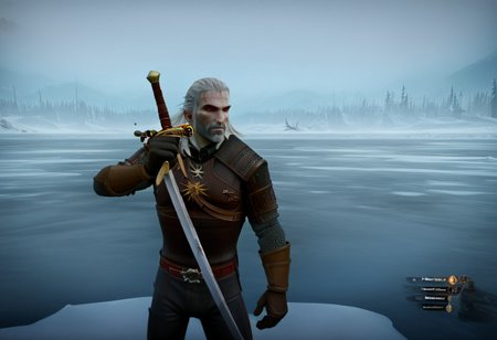 geralt as a (nutcracker), holding a sword, 
high guard sword parry stance,
at a frozen lake,
game screenshot,
looking at the camera,
sfw