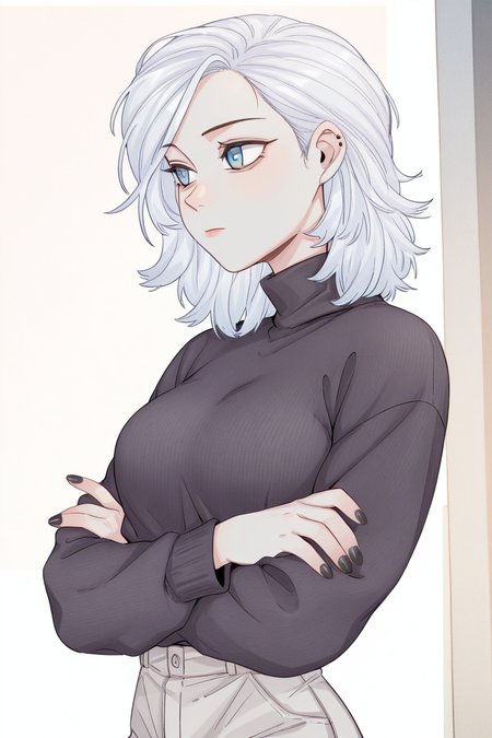 masterpiece, best quality, amazing quality,
 <lora:Girltrap_IL:1> strgrltrp, 1girl, sweater, solo, black sweater, animification, black nails, crossed arms, hair behind ear, blue eyes, white hair, turtleneck, breasts, pants, medium hair, medium breasts, shirosan