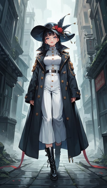 score_9, score_8_up, score_7_up, Anime Style, Full Body Shot, A shadowy human figure, cute, seductive, innocent, light smile:0.3, plump lips, slender body, in a long coat and hat, black boots, intense fog background, depth of field, dynamic angle, fashion photography, sharp, hyperdetailed:1.15