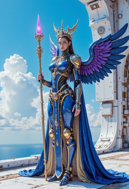 pinkmechalux, Against a backdrop of a sleek, modern warship deck platform suspended amidst a brilliant blue sky, a regal bird queen takes center stage, grasping a majestic scepter adorned with a radiant crystal at its tip. Her resplendent attire is a masterful blend of blue and purple hues, with intricate, ornate patterns and opulent flourishes that exude refinement and elegance. Her expression is steadfast, exuding confidence and authority. Her plumage is a mesmerizing shade of blue, with subtle, iridescent feathers that seem to shimmer in the light. The scepter, a symbol of her power, glimmers with a soft, crystalline light that complements her majestic demeanor. Every aspect of her being, from her piercing gaze to the delicate, lace-like patterns on her wings, conveys a sense of imperial grandeur and unyielding determination.