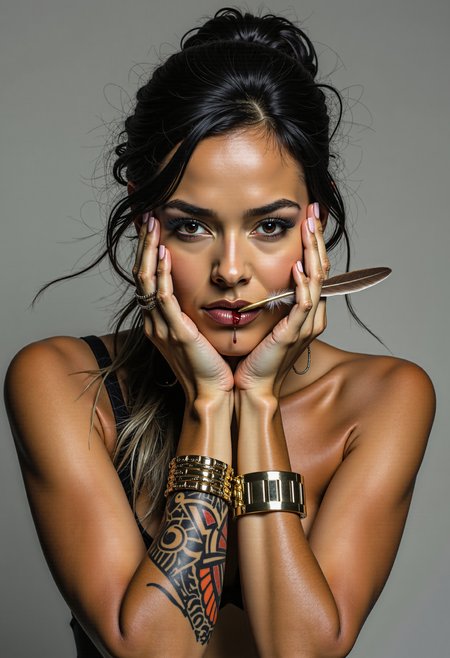 a beautiful, tough woman with a scar and a tattoo on the forearm, a heavy gold bracelet, a feather pierces her lip, a small trickle of blood runs down to her chin. Portrait, Medium Shot, Upper Body Shot, She is positioned centrally against a minimalist dark background with subtle shadowy architectural elements visible in the distance. A soft white glow, creating contrast against the dark form of her figure. High-contrast digital photography with dramatic side lighting and deep shadows on a dark background. 