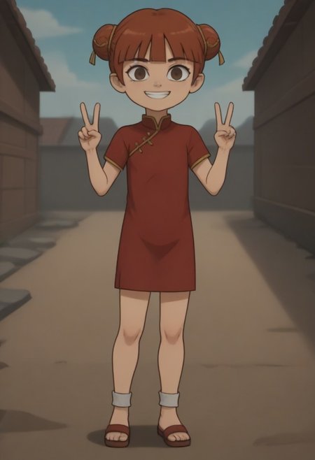 score_9, score_8_up, score_7_up, 1girl, solo, Fiore_DC, light skin, brown eyes, red hair, short hair, Double bun, bun cover, bangs, white socks, sandals, Chinese clothes, China dress, red cheongsam
big eyes, young, petite, small body, short body, child, flat chested, social smile, perfect eyes, perfect smile, looking at the viewer, detailed eyes, perfect eyes, standing, five fingers, perfect hands, hands sign peace, futuristic oedo town, blue sky, daytime, good weather, nice