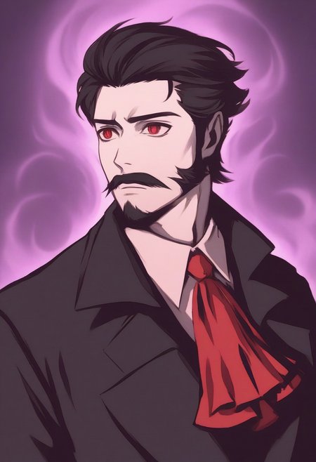 moshimoshibe,
1boy, solo, portrait, goatee, mustache, ascot, aura, black coat, black hair, closed mouth, coat, collared coat, dark aura, facial hair, male focus, medium hair, pale skin, red eyes, upper body, vampire