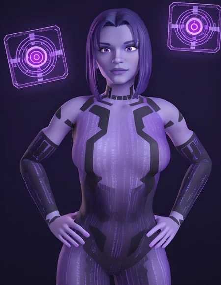 Masterpiece, high-res, 2k, best quality, 3d, translucent,  cortanah2, purple skin, purple theme, hologram,transparent,  medium breasts,   <lora:cortanah2_pony-000043:1> Hands on hips facing the camera