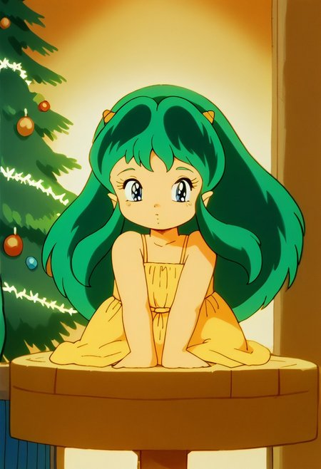 score_10, score_9, score_8_up, retro, source anime, flat color, (ultra-detailed), (masterpiece), (best quality), dark theme, low light, 1980's style, score_anime, sharp lines. lum, child, solo, Beautiful, cute girl, yellow (tiny horns), (tiny pointy ears:0.7), green hair, blue eyes, aqua hair, <lora:Commission-Urusei_Yatsura_80s-Lum-PDXL:0.8> , A festive scene unfolds: a child clad in a green elf costume stands on a stool in a cozy living room. The atmosphere is merry and bright with a decorated Christmas tree as the centerpiece. Presents are piled beneath its branches, awaiting the young storyteller's next recitation. Soft lighting illuminates the joyful tableau, capturing the magic of the season. anime screencap, 1girl, solo, Expressiveh, perfect hands, 3m0t3, dynamic pose, standing on stool, looking at viewer, shy, perfect hands, perfection Foot, bbka_style