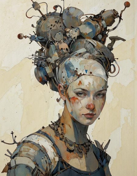 A modern abstract oil painting by Bruce Holwerda that appears to be a portrait of a woman's head. The woman's face is in the center of the image, her lips slightly parted. She has a pale complexion. The background is a light beige color, and the overall mood of the work is surreal and dreamlike. The image is composed of various objects and textures, including a large headdress made of various elements such as wires, cables, and other mechanical components. The headdress is decorated with intricate patterns and designs, and there are also small figures and symbols scattered throughout the image. The overall effect is one of chaos and destruction.
